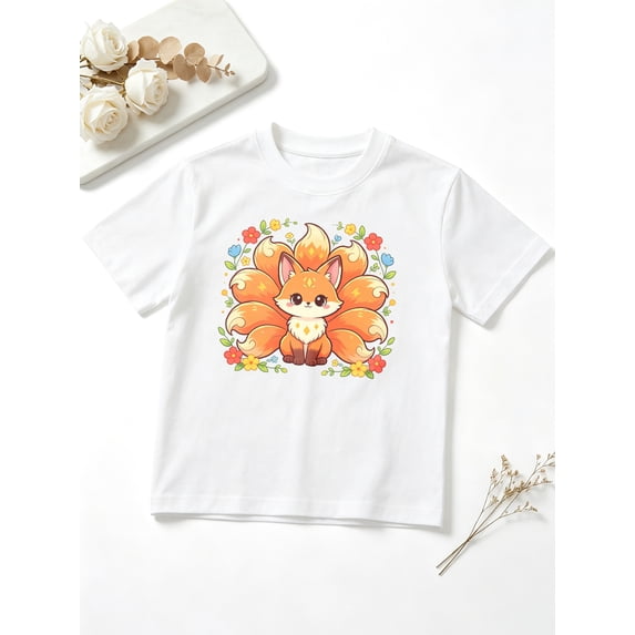 Girls Graphic Tees Cute Fox Magical Floral Short Sleeve Kids T-Shirt, 100% Cotton Soft Casual Tops for Children