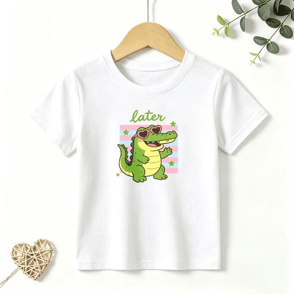 Girls Graphic Tees Cute Gator Sunglasses Kids T Shirt Summer Funny 100% Cotton Short Sleeve Soft Tops 4-13Y