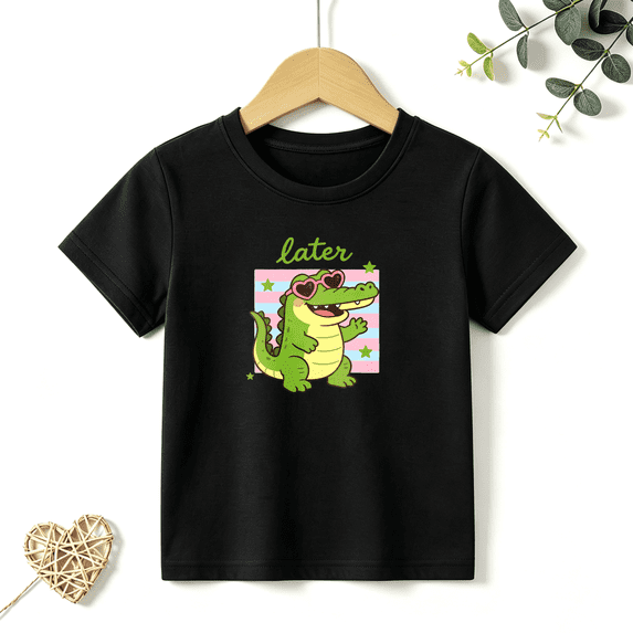 Girls Graphic Tees Cute Gator Sunglasses Kids T Shirt Summer Funny 100% Cotton Short Sleeve Soft Tops 4-13Y