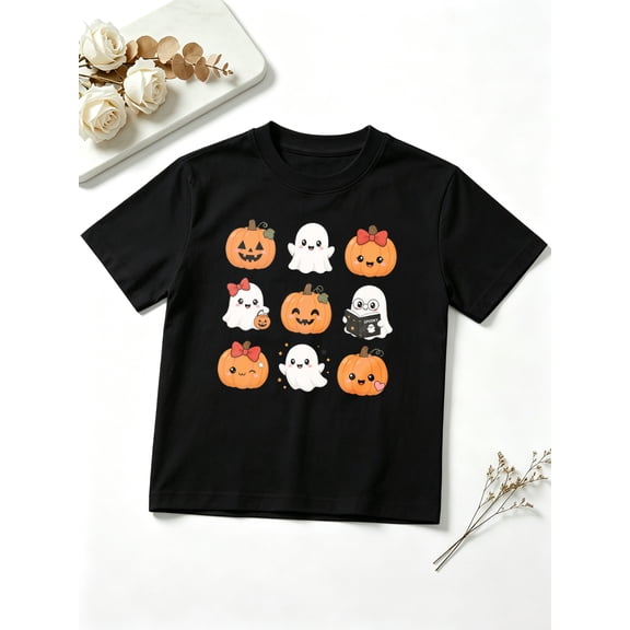 Girls Graphic Tees Cute Ghosts Bows Pumpkins Spooky Fall Halloween Short Sleeve Kids T-Shirt, 100% Cotton Soft Casual Tops for Children