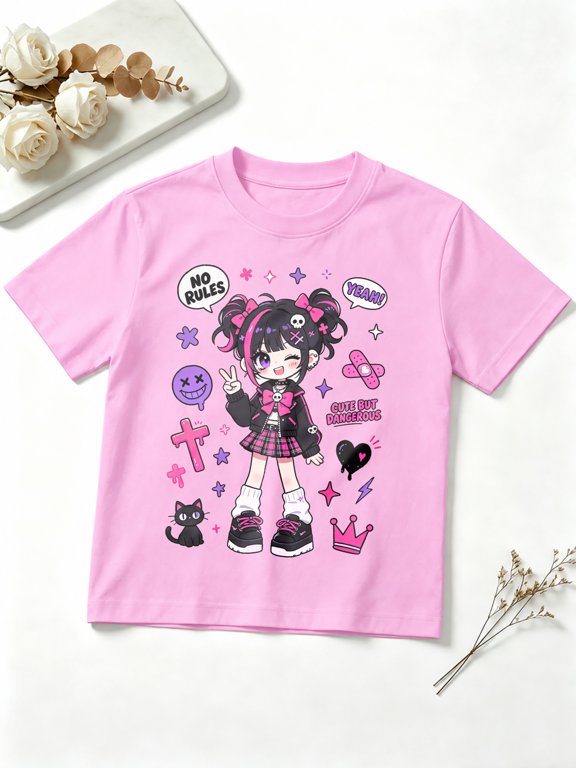 Girls Graphic Tees Cute Gothic Anime Girl Short Sleeve Kids T-Shirt, 100% Cotton Soft Casual Tops for Children