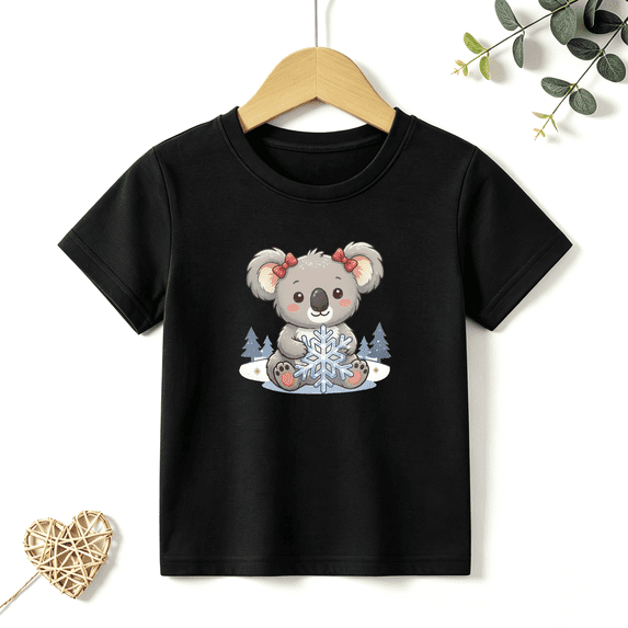 Girls Graphic Tees Cute Koala Snowflake Kids T Shirt Winter Snow 100% Cotton Short Sleeve Soft Tops 4-13Y