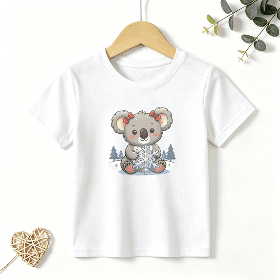 Girls Graphic Tees Cute Koala Snowflake Kids T Shirt Winter Snow 100% Cotton Short Sleeve Soft Tops 4-13Y