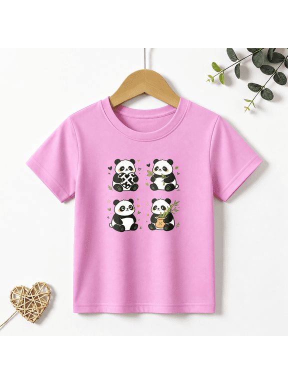 Girls Graphic Tees Cute Panda Grid Kids T Shirt Kawaii Animal 100% Cotton Short Sleeve Soft Tops 4-13Y