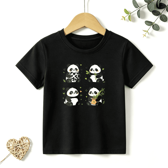 Girls Graphic Tees Cute Panda Grid Kids T Shirt Kawaii Animal 100% Cotton Short Sleeve Soft Tops 4-13Y