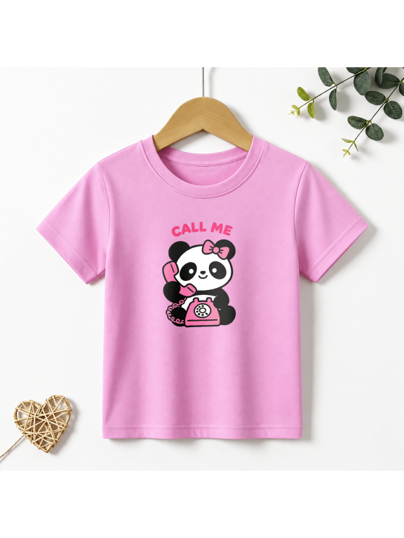Girls Graphic Tees Cute Panda Phone Kids T Shirt Sweet Call Me 100% Cotton Short Sleeve Soft Tops 4-13Y