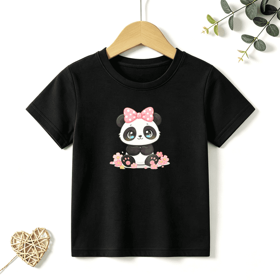 Girls Graphic Tees Cute Panda Pink Bow Kids T Shirt Kawaii Pet 100% Cotton Short Sleeve Soft Tops 4-13Y