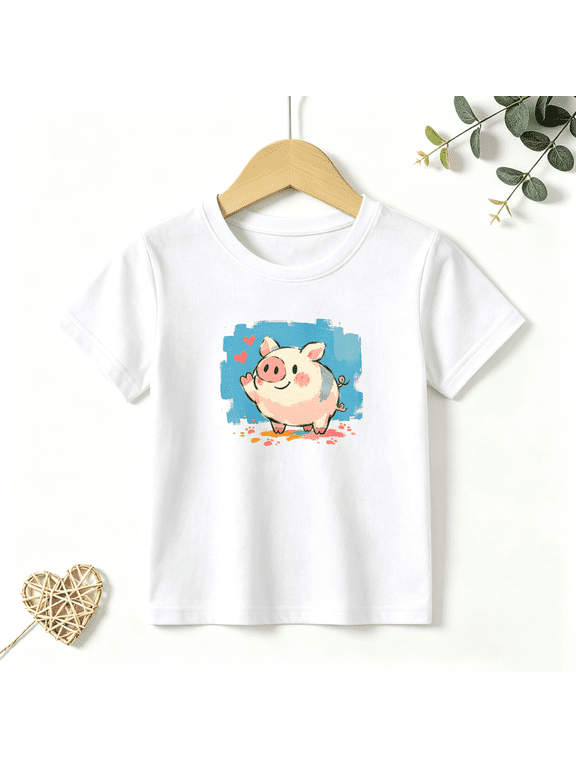 Girls Graphic Tees Cute Pig Waving Kids T Shirt Funny Farm 100% Cotton Short Sleeve Soft Tops 4-13Y