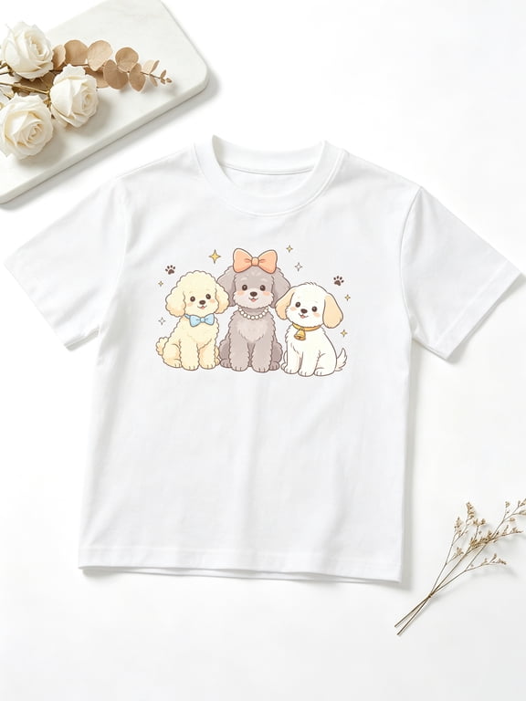 Girls Graphic Tees Cute Poodle Puppies with Bows Short Sleeve Kids T-Shirt, 100% Cotton Soft Casual Tops for Children