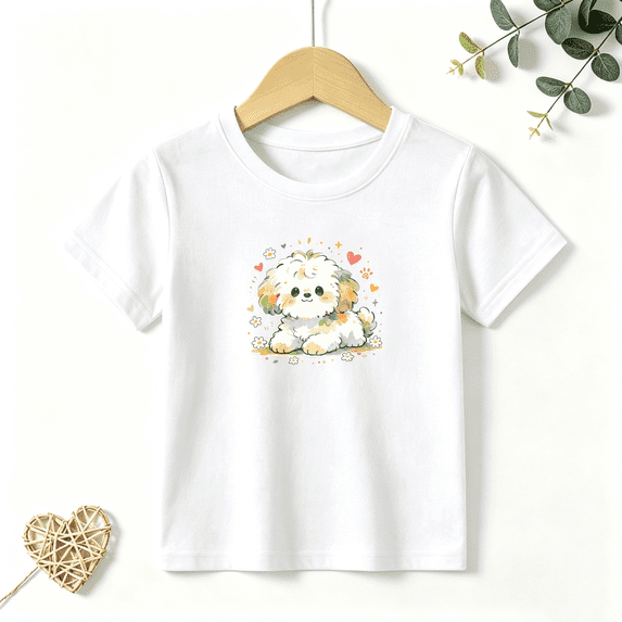 Girls Graphic Tees Cute Puppy Dog Kids T Shirt Sweet Floral 100% Cotton Short Sleeve Soft Tops 4-13Y