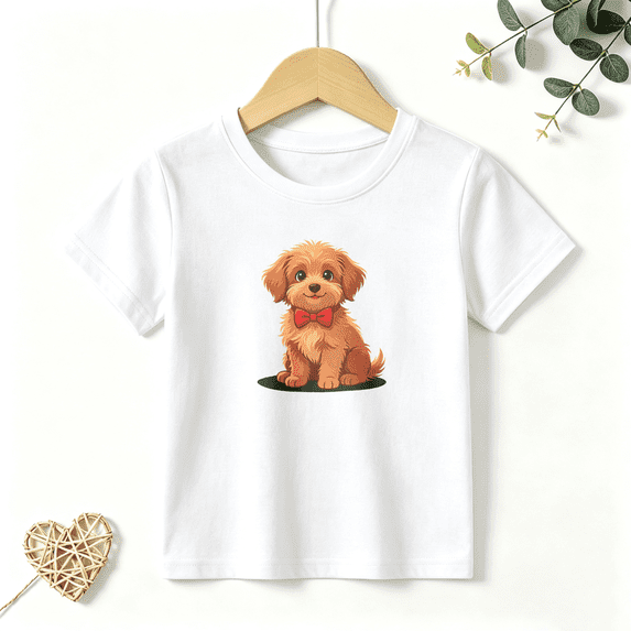 Girls Graphic Tees Cute Puppy Dog Red Bowtie Kids T Shirt Pet Cute 100% Cotton Short Sleeve Soft Tops 4-13Y
