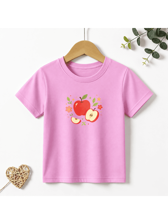 Girls Graphic Tees Cute Red Apple Fruit Kids T Shirt Floral 100% Cotton Short Sleeve Soft Tops 4-13Y