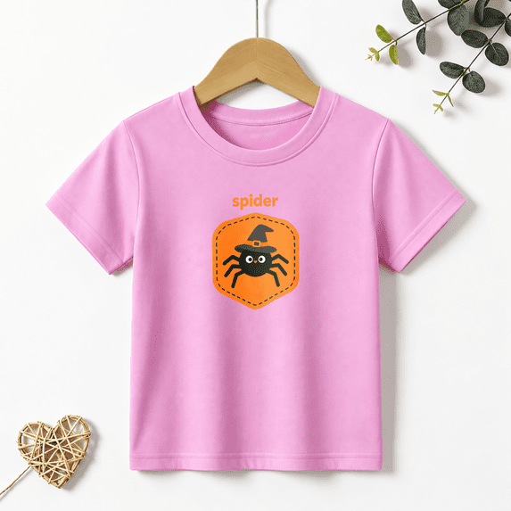 Girls Graphic Tees Cute Spider Patch Kids T Shirt Funny Halloween 100% Cotton Short Sleeve Soft Tops 4-13Y