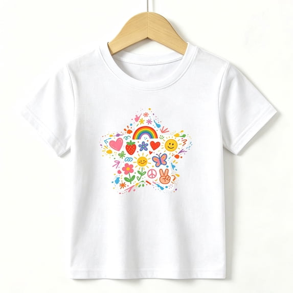 Girls Graphic Tees Cute Star Kids T Shirt Retro Rainbow 100% Cotton Short Sleeve Soft Tops 4-13Y White