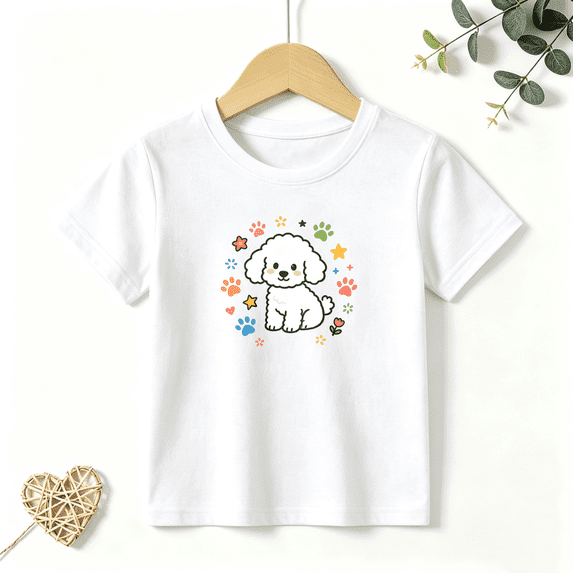 Girls Graphic Tees Cute White Poodle Paw Kids T Shirt Pet Sweet 100% Cotton Short Sleeve Soft Tops 4-13Y