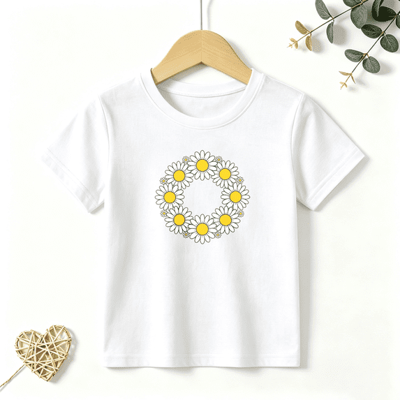 Girls Graphic Tees Daisy Wreath Floral Kids T Shirt Cute Summer 100% Cotton Short Sleeve Soft Tops 4-13Y