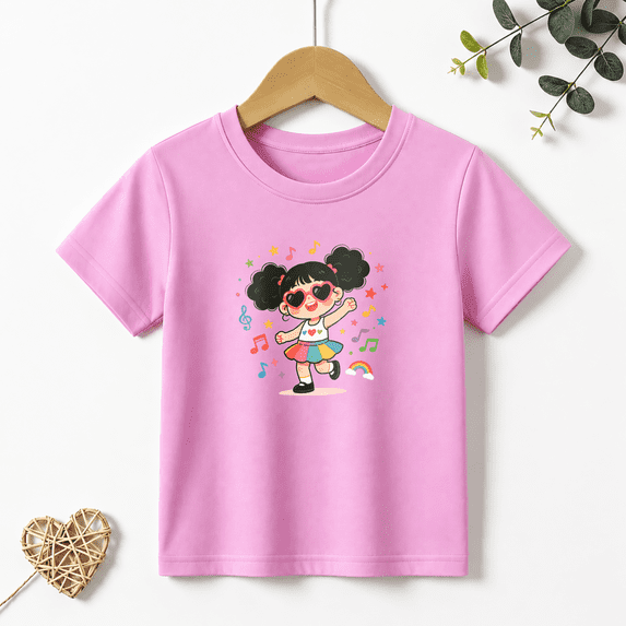 Girls Graphic Tees Dancing Girl Music Notes Kids T Shirt Cute Party 100% Cotton Short Sleeve Soft Tops 4-13Y