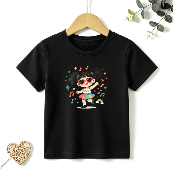 Girls Graphic Tees Dancing Girl Music Notes Kids T Shirt Cute Party 100% Cotton Short Sleeve Soft Tops 4-13Y