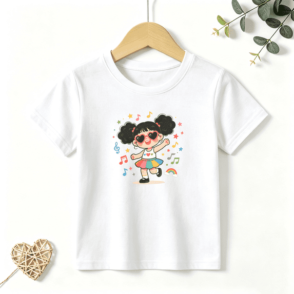 Girls Graphic Tees Dancing Girl Music Notes Kids T Shirt Cute Party 100% Cotton Short Sleeve Soft Tops 4-13Y