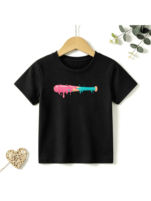 Girls Graphic Tees Drip Baseball Bat Kids T Shirt Sports Pink 100% Cotton Short Sleeve Soft Tops 4-13Y