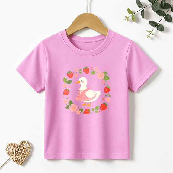 Girls Graphic Tees Duck Strawberry Wreath Kids T Shirt Cute 100% Cotton Short Sleeve Soft Tops 4-13Y