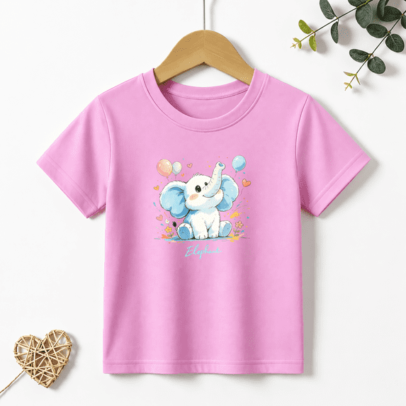 Girls Graphic Tees Elephant Balloons Kids T Shirt Cute 100% Cotton Short Sleeve Soft Tops 4-13Y