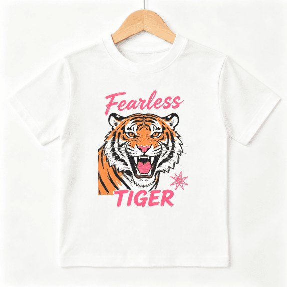Girls Graphic Tees Fearless Tiger Fierce Animal Short Sleeve Kids T-Shirt, 100% Cotton Soft Casual Tops for Children
