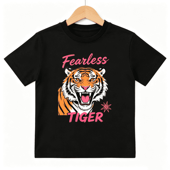 Girls Graphic Tees Fearless Tiger Fierce Animal Short Sleeve Kids T-Shirt, 100% Cotton Soft Casual Tops for Children