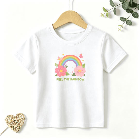 Girls Graphic Tees Feel The Rainbow Kids T Shirt Flower Cute 100% Cotton Short Sleeve Soft Tops 4-13Y