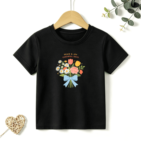 Girls Graphic Tees Flower Bouquet Floral Kids T Shirt Peace Joy 100% Cotton Short Sleeve Soft Tops 4-13Y