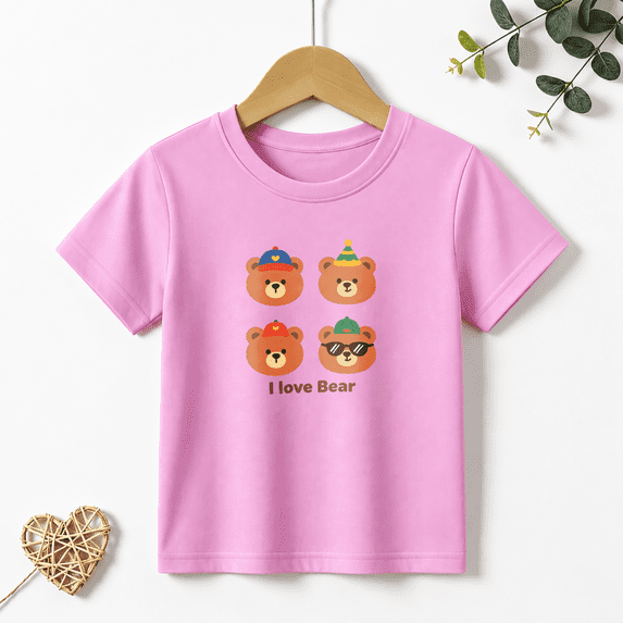 Girls Graphic Tees Four Bear Heads Kids T Shirt Cute Cool 100% Cotton Short Sleeve Soft Tops 4-13Y
