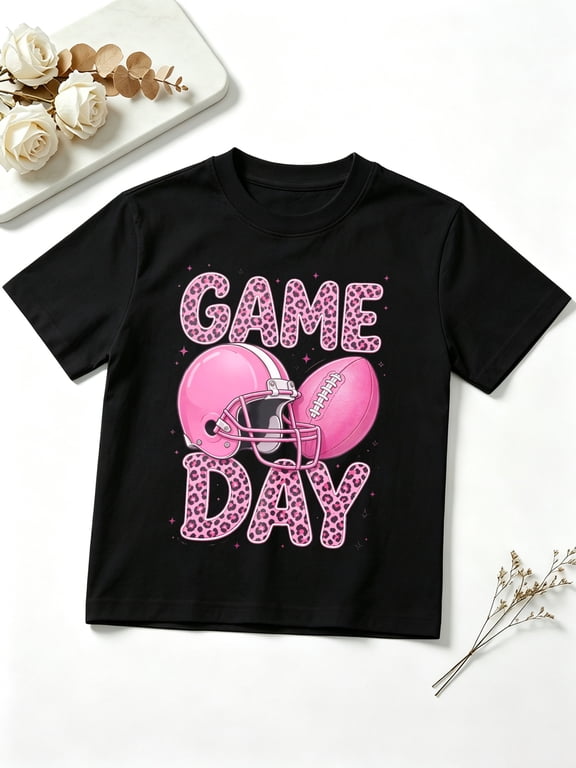 Girls Graphic Tees Game Day Football Pink Helmet Short Sleeve Kids T-Shirt, 100% Cotton Soft Casual Tops for Children