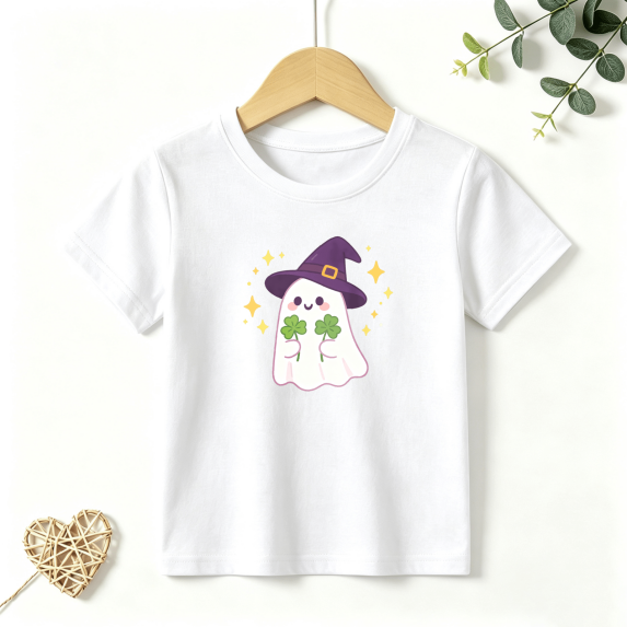 Girls Graphic Tees Ghost Shamrock Kids T Shirt Cute Halloween 100% Cotton Short Sleeve Soft Tops 4-13Y