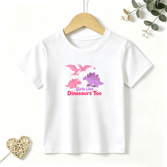 Girls Graphic Tees Girl Like Dinosaurs Too Kids T Shirt Cute Animals 100% Cotton Short Sleeve Soft Tops 4-13Y