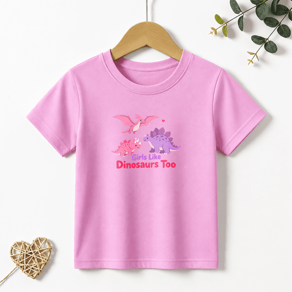 Girls Graphic Tees Girl Like Dinosaurs Too Kids T Shirt Cute Animals 100% Cotton Short Sleeve Soft Tops 4-13Y