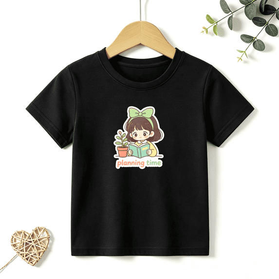 Girls Graphic Tees Girl Reading Planning Time Kids T Shirt Cute 100% Cotton Short Sleeve Soft Tops 4-13Y