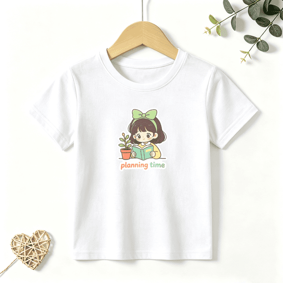 Girls Graphic Tees Girl Reading Planning Time Kids T Shirt Cute 100% Cotton Short Sleeve Soft Tops 4-13Y