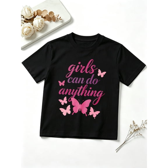 Girls Graphic Tees Girls Can Do Anything Cute Butterfly Typography Short Sleeve Kids T-Shirt, 100% Cotton Soft Casual Tops for Children