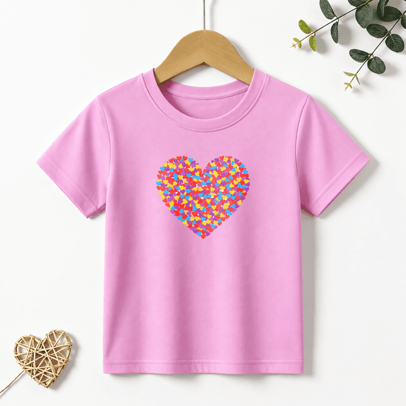 Girls Graphic Tees Heart Love Pattern Kids T Shirt Colorful 100% Cotton Short Sleeve Soft Tops 4-13Y