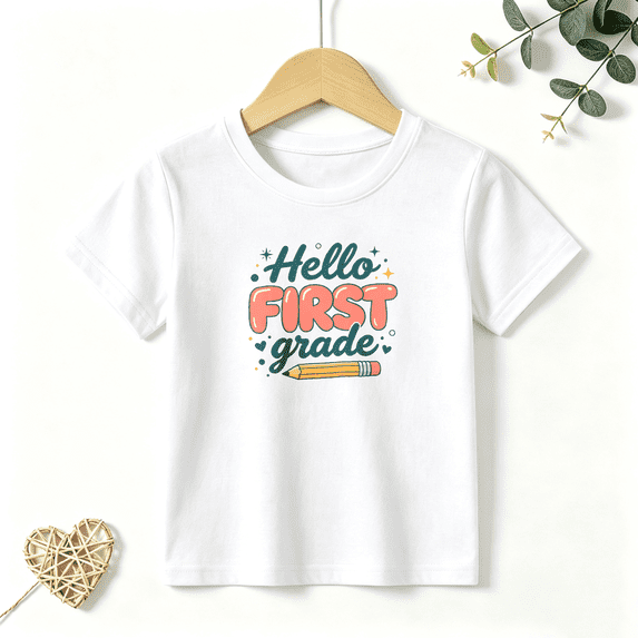 Girls Graphic Tees Hello First Grade Kids T Shirt Back To School 100% Cotton Short Sleeve Soft Tops 4-13Y