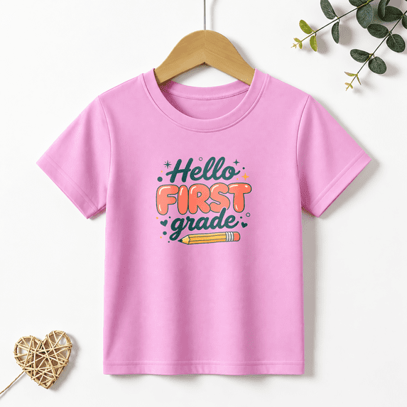 Girls Graphic Tees Hello First Grade Kids T Shirt Back To School 100% Cotton Short Sleeve Soft Tops 4-13Y