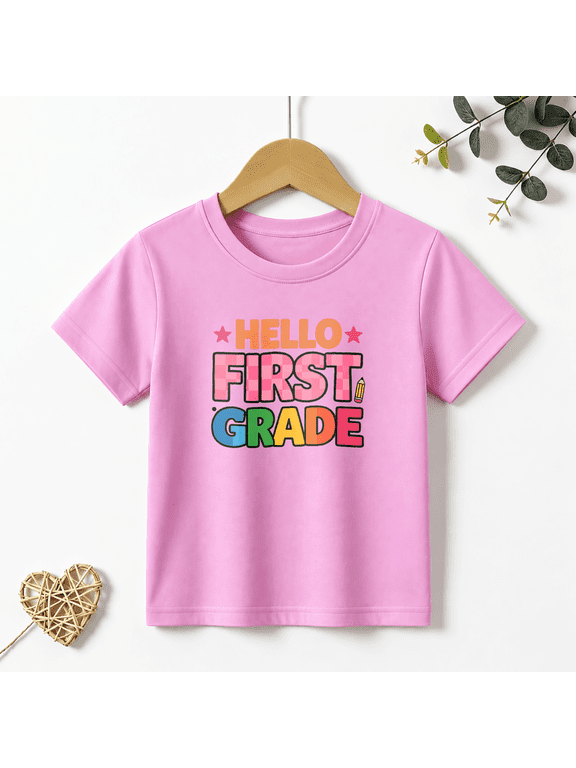 Girls Graphic Tees Hello First Grade Kids T Shirt School 100% Cotton Short Sleeve Soft Tops 4-13Y