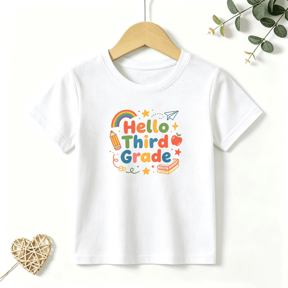 Girls Graphic Tees Hello Third Grade Rainbow Kids T Shirt School 100% Cotton Short Sleeve Soft Tops 4-13Y
