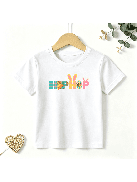 Girls Graphic Tees Hip Hop Bunny Easter Kids T Shirt Spring Holiday Cute 100% Cotton Short Sleeve Soft Tops 4-13Y