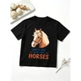 thumbnail image 1 of Girls Graphic Tees Horse Lover Equestrian Floral Portrait Short Sleeve Kids T-Shirt, 100% Cotton Soft Casual Tops for Children, 1 of 5