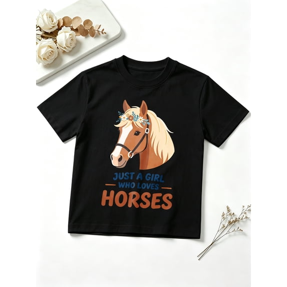 Girls Graphic Tees Horse Lover Equestrian Floral Portrait Short Sleeve Kids T-Shirt, 100% Cotton Soft Casual Tops for Children