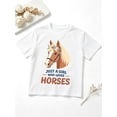 thumbnail image 1 of Girls Graphic Tees Horse Lover Equestrian Floral Portrait Short Sleeve Kids T-Shirt, 100% Cotton Soft Casual Tops for Children, 1 of 5