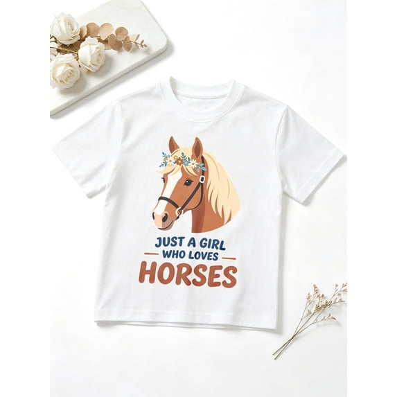 Girls Graphic Tees Horse Lover Equestrian Floral Portrait Short Sleeve Kids T-Shirt, 100% Cotton Soft Casual Tops for Children