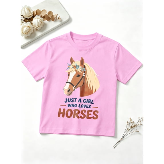 Girls Graphic Tees Horse Lover Equestrian Floral Portrait Short Sleeve Kids T-Shirt, 100% Cotton Soft Casual Tops for Children