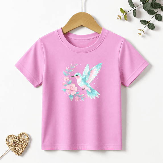 Girls Graphic Tees Hummingbird Flower Kids T Shirt Watercolor 100% Cotton Short Sleeve Soft Tops 4-13Y